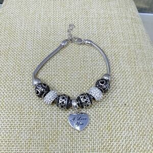 Sterling Silver Fiora Italy Love Charm Bracelet Black White Rhinestone 7 inch